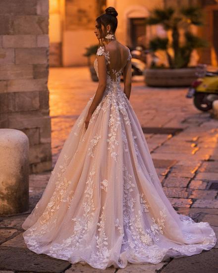 Modest Aline Wedding Gown Cap Sleeves Floral Tulle Lace Floor Length Bridal Gown_2