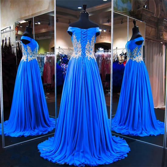 Royal Blue Off-the-Shoulder A-line Prom Dresses 2022 Appliques Lace-Up Evening Gowns with Beadings_4
