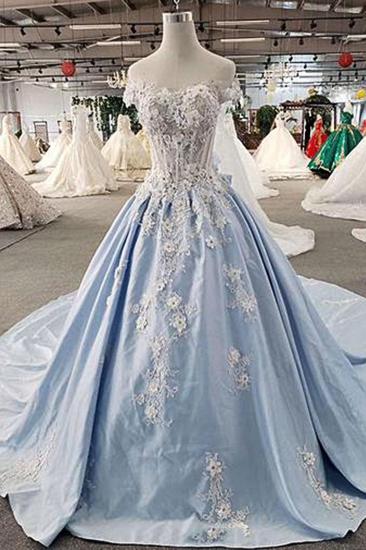 TsClothzone AffordableLight Blue Satin Sweep Train Wedding Dress Off Shoulder Sleeveless Bridal Gowns On Sale_1