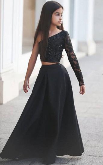 Sexy schwarze zweiteilige Spitze Blumenmädchen Kleid | Schwarzes A-Linien-Festzugkleid für kleine Mädchen mit einem Ärmel