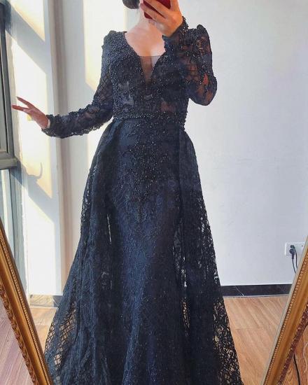 Glitter Long Sleeves Pearls Mermaid Evening Prom Gown wit Detachable Train_4