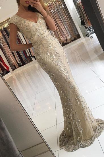 Elegant Champagne V-Neck Long Evening Dresses | 2022 Lace Crystal Mermaid Prom Dresses_2