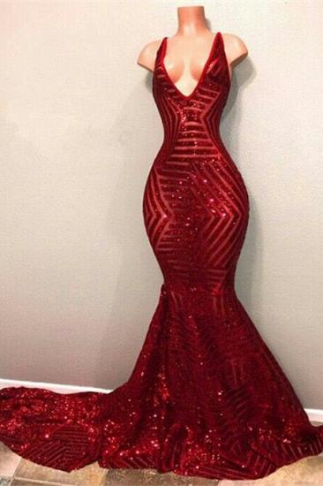 Mermaid Red Sequins Prom Dresses 2022 V-neck Sleeveless Long Train Sexy Evening Gown_2