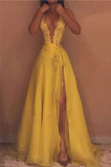 Deep V-neck Sexy Yellow Evening Dresses 2022 | Side Slit Lace Sleeveless Cheap Prom Dresses_1