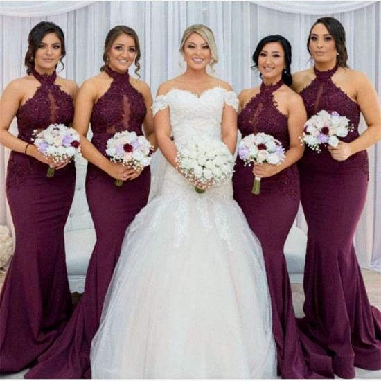 Maroon Halter Appliques Bridesmaid Dresses | Mermaid Sleeveless Wedding Party Dress_4