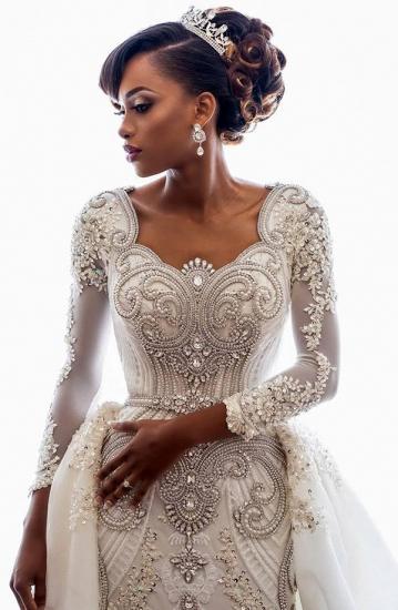 Mermaid Wedding Dresses with Trendy Overskirt | Beads Lace Appliques Long Sleeve Bridal Gowns_2