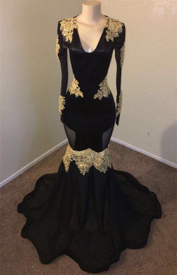 Black Mermaid V-neck Long Sleeves Gold Appliques Evening Dress_2