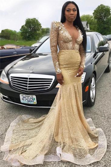 Sexy V-neck Long Sleeve Gold Prom Dresses Cheap | Beads Crystals Mermaid Long Evening Gowns_1