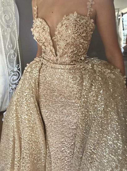 Shiny Sequins V Neck Spaghetti Straps Appliqued Prom Dresses With Detachable Skirt | Champagne Evening Gowns_2