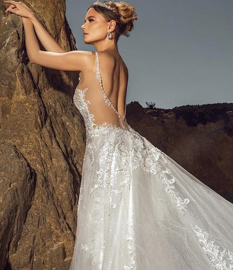 Chic Sleeveless V-Neck Wedding A-Line Tulle Bridal Dress with Lace Appliqués and Pockets_3