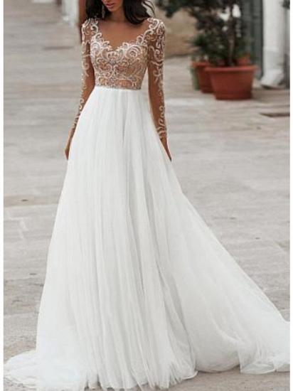 A-Line Wedding Dress V-neck Floor Length Tulle Long Sleeves Bridal Gowns Romantic Beach Boho See-Through