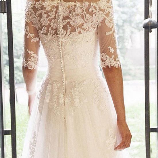 White Lace off The Shoulder Bridal Dresses Sweep Train Half Sleeve Tulle Wedding Dresses_3