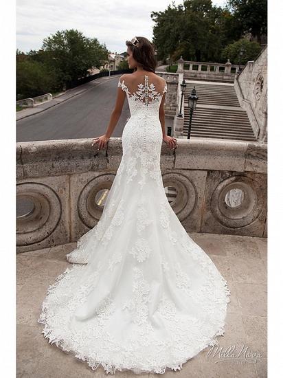 Affordable Mermaid Wedding Dresses Off Shoulder Lace Tulle Lace Short Sleeve Sexy Bridal Gowns with Court Train_4