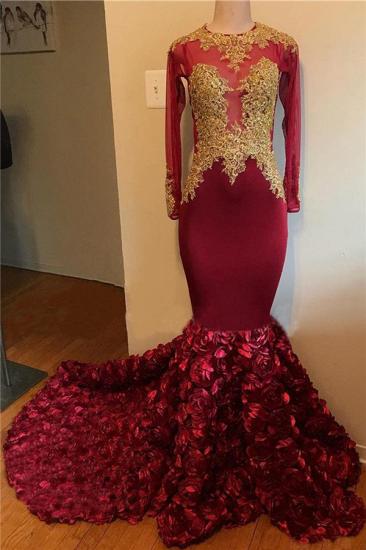 2022 Gold Lace Appliques Floral Prom Dress 2022 | Long Sleeve Mermaid Burgundy Graduation Dress Cheap_2