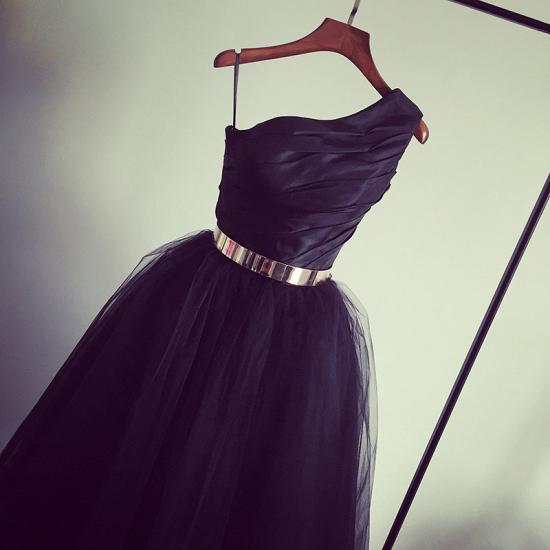 Black One Shoulder Tea Length Prom Dress with Gold Belt Latest Tulle Simple Homeccoming Dress_4