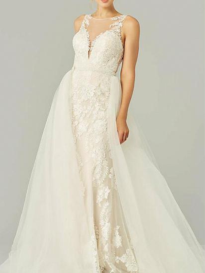Country Plus Size A-Line Wedding Dress Jewel Lace Tulle Sleeveless Sexy See-Through Bridal Gowns with Sweep Train