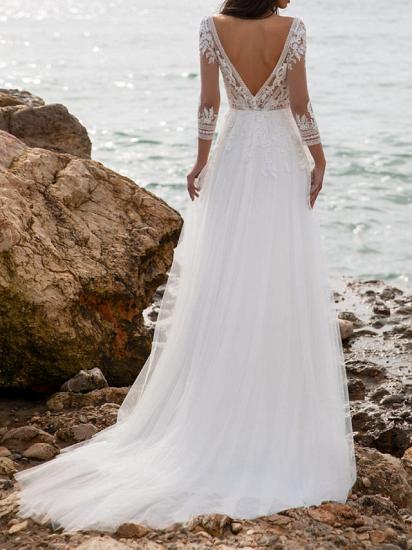 Beach Illusion A-Line Wedding Dress V-Neck Tulle 3/4 Length Sleeve Bridal Gowns Sweep Train_3