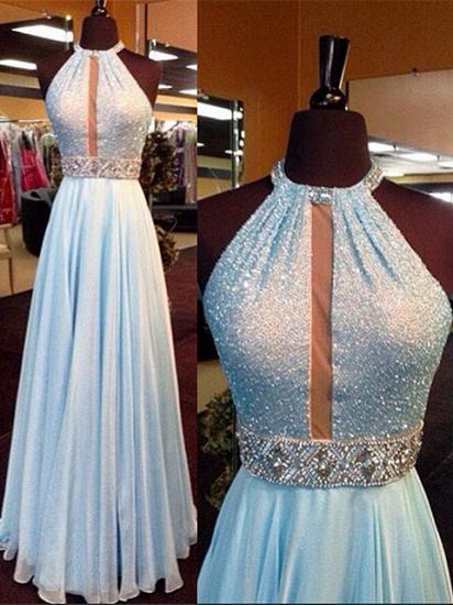 New Arrival Light Blue Sequin Long Prom Dress Chiffon Halter Crystals Belt Evening Gowns_2