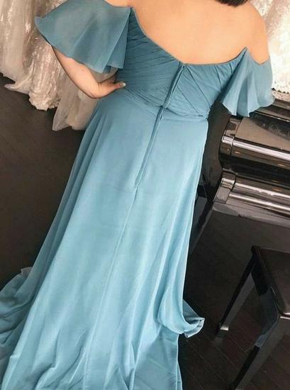 Ruffles Long Off-the-Should Ruched Blue Chiffon Bridesmaid Dress_2
