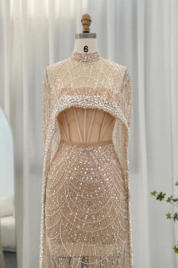 Gorgeous Champagne Cape Sleeves Mermaid Evening Dress Dubai See-through Pearls Party Dress_3