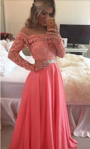 Cute Pink Long Sleeve Lace Beading Prom Dress 2022 New Arrival Chiffon Long Dress for Women