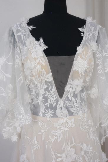 TsClothzone Stilvolles Brautkleid mit langen Ärmeln und V-Ausschnitt aus Tüll in A-Linie mit Applikationen und Rüschen Online_6