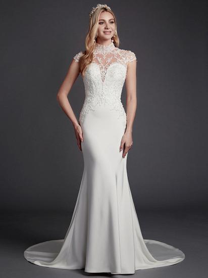 Sexy See-Through Mermaid Wedding Dress High-Neck Lace Satin Sleeveless Bridal Gowns Illusion Detail Backless with Court Train_1