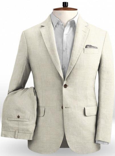 Off white two piece notched lapel linen business suit_1