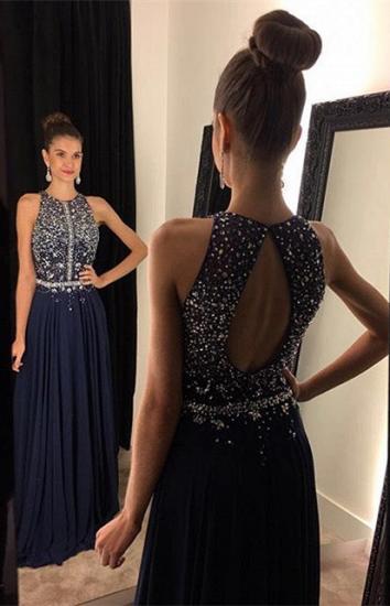 Sparkly Dark Navy Halter Crystal Prom Dress A-Line Sleeveless Beading Party Gown_2