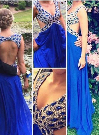 Blue Chiffon Backless Junior Prom Dresses Open Back Crystal Sexy V Neck Evening Gowns Formal Dresses_2