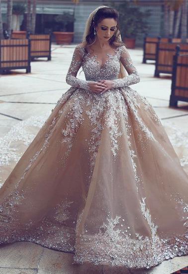 Luxurious Long-Sleeve Beadings Ball-Gown Appliques Wedding Dress_1