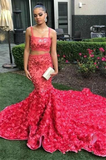 Sexy Straps Two Piece Red Prom Dresses with Flowers | Mermaid Sleeveless Junior Gradation Dresses with Long Train_1
