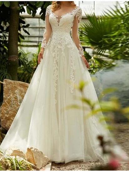 A-Line Wedding Dress V-neck Lace Tulle Long Sleeves Bridal Gowns Formal with Sweep Train