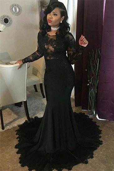 Sexy Black Lace Tulle Prom Dresses | Mermaid Long Sleeve Cheap Evening Gown 2022_4