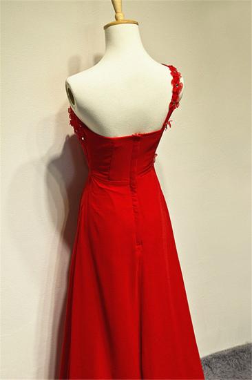 Chiffon Red One Shoulder Blumen Langes Abendkleid Sweep Train Preiswert Rüschen Reißverschluss Ballkleider für Frauen_2