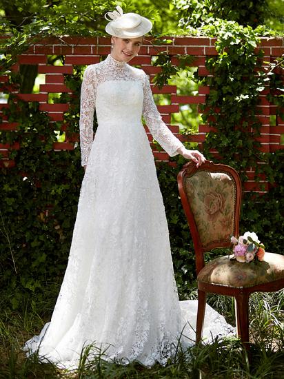 Illusion A-Line Wedding Dress Floral Lace Long Sleeve Bridal Gowns Court Train_5