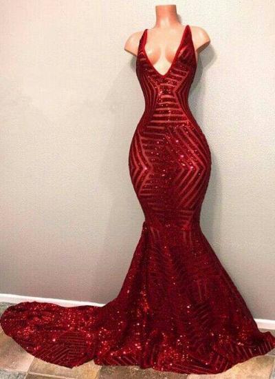 Red Sequins Shiny V-Neck Mermaid Long Prom Dresses_1
