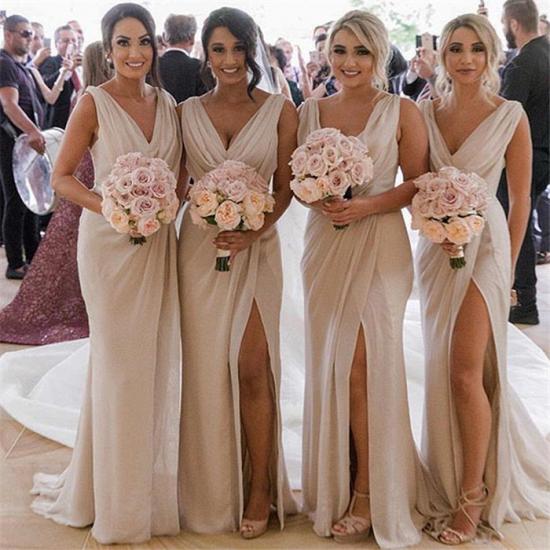 Elegante ärmellose lange Brautjungfernkleider mit V-Ausschnitt | Günstiges Brautjungfernkleid mit Seitenschlitz und Rüschen_3