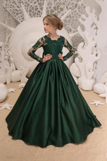 Neueste Satin dunkelgrün Juwel Spitze rückenfreie Blumenmädchenkleider mit Schleife | Langen Ärmeln bodenlangen Mädchen Partykleider