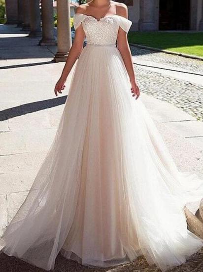 Formal A-Line Wedding Dress Off Shoulder Lace Tulle Short Sleeve Bridal Gowns with Sweep Train
