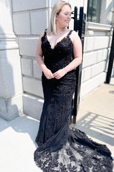Black Long Mermaid V-neck Spaghetti Straps Backless Tulle Appliques Lace Prom Dress