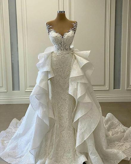Wunderschönes Schatz-Meerjungfrau-Brautkleid Ärmelloses weißes Hochzeitskleid mit abnehmbarer Schleppe_2