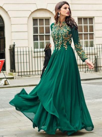 Emerald Green Sadi Arabia Long Chiffon Evening Dresses With Sleeves_1