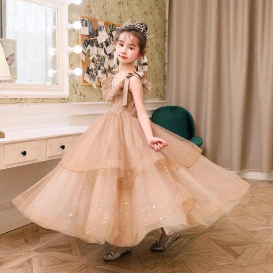 Romantische V-Ausschnitt Riemen Tüll geschwollene Prinzessin Blumenmädchenkleider | V-back Kids für Dress For Wedding_3