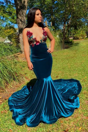 Floral Appliques Deep V-Ausschnitt Ärmellose Sweep Train Mermaid Prom Kleider
