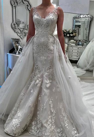 Stunning V-Neck Sleeveless Ruffles Lace Appliques Wedding Bridal Gowns_1