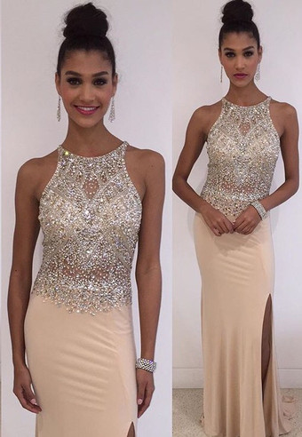 New Arrival Crystal Sleeveless Prom Dresses Side Slit Floor Length Party Gowns