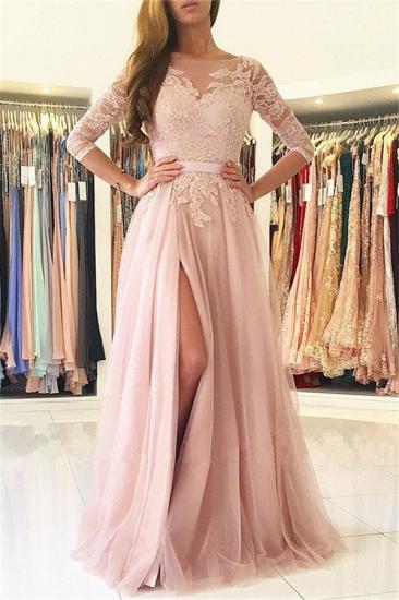 Half Sleeves Lace Appliques Pink Evening Dresses Front Split Tulle Prom Dress 2022_2