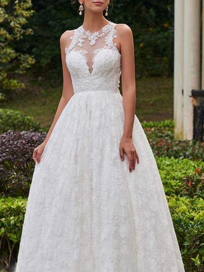 Sexy A-Line Wedding Dress Jewel Lace Tulle Sleeveless Formal Bridal Gowns with Sweep Train_3