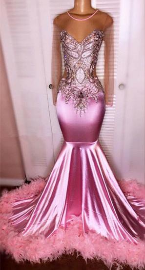 Long Sleeve Pink Mermaid Beads Crystals Sexy Prom Dresses Cheap with Feather_1